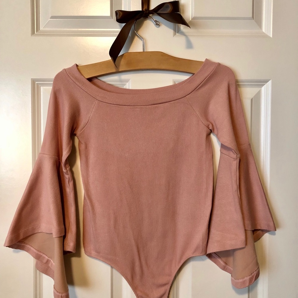 Blush Ribbed Jersey Off The Shoulder Bodysuit